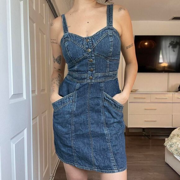 Vintage-Inspired Japna Denim Mini Dress 100% Cotton with Pockets - Picture 1 of 7